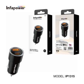 Infapower 38W Dual USB-A + USB-C Car Charger - Black