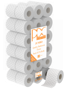 PPC Quality Jumbo White Bathroom Toilet Tissue Paper Rolls - 2 Ply - Pack Of 36