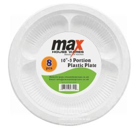 Heavy Duty Plastic Disposable Plate - White - 10" - 3 Compartments - Pack of 8