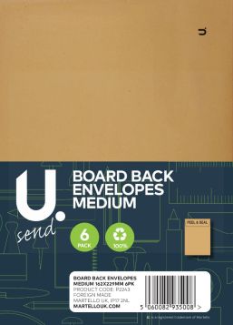 U SENT BOARD BACK PEEL & SEAL ENVELOPES - MEDIUM - PACK OF 6