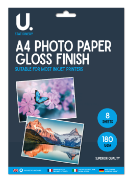A4 PHOTO PAPER - GLOSS FINISH - 180 GSM - PACK OF 8 SHEETS