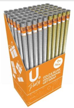 U Party Gold & Silver Holographic Gift Wrap - 2m x 70cm