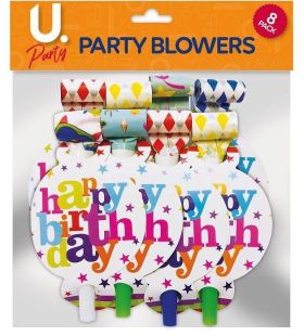 Happy Birthday Party Blowers - Pack of 10 - Assorted Colours