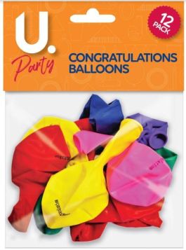 U Party Congratulations Balloons - Pack of 12 - Assorted Colours