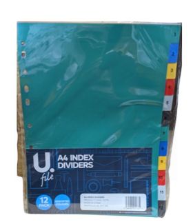A4 Index Dividers - Pack of 12 - Assorted Colours