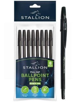 Stallion Pull Cap Ballpoint Pens - Black Ink - Pack of 8