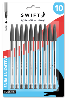 SWIFT PULL CAP BALL POINT PENS - BLACK - PACK OF 10