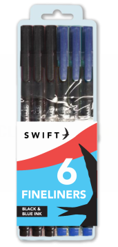 SWIFT FINELINERS - BLACK & BLUE - ASSORTED - PACK OF 6