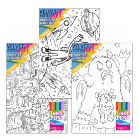 SQUIGGLE VELVET POSTER ART WITH FIBRE PENS - MONSTERS & ALIENS 