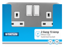Status 2 Gang Metal Clad Switched Wall Socket - 13 Amp