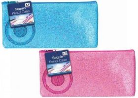 Sequin Pencil Case - 2 Colours - Blue And Fuchsia - Colours May Vary 