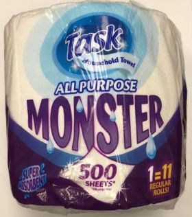 Task All Purpose Monster Household Towel Super Absorbent Kitchen Tissue Roll - 90 Meters - 2 Ply - Approx 500 Sheets