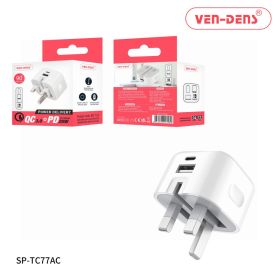 Ven-Dens QC 3.0 20W Dual Type-C + USB Foldable Wall Charger Plug
