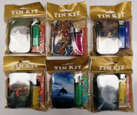 1 Oz Metal Tobacco/Stash Tin Kit with Lighter & Flavoured Rolling Paper - Designs Vary