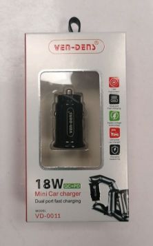 Ven-Dens Dual Port Fast Charging Universal Mini Car Charger - Black - 18W 