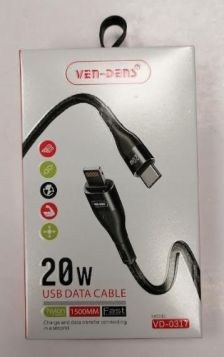 Ven-Dens Nylon USB-C Data Cable - 20W - 1.5m - Colour May Vary