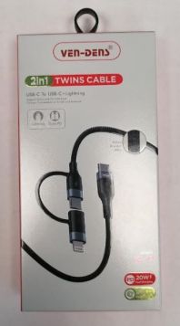 Ven-Dens 2-in-1 PD Fast Charging USB-C to USB-C + Lightening Cable - 20W - 1m