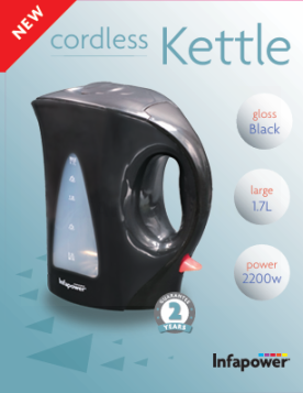 Infapower Black Cordless Kettle - 2200W - 1.7L